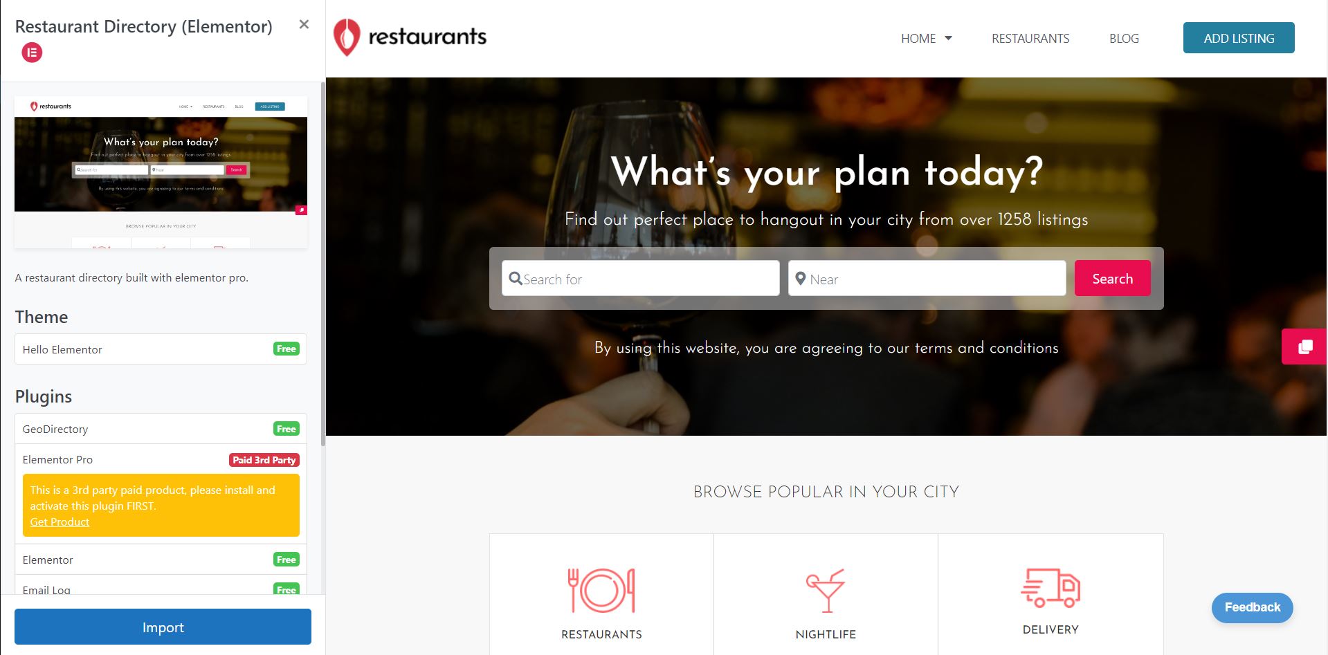 import elementor restaurant directory
