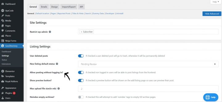GeoDirectory allow posting without login
