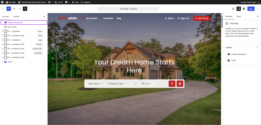 Front Page template open in the WP editor