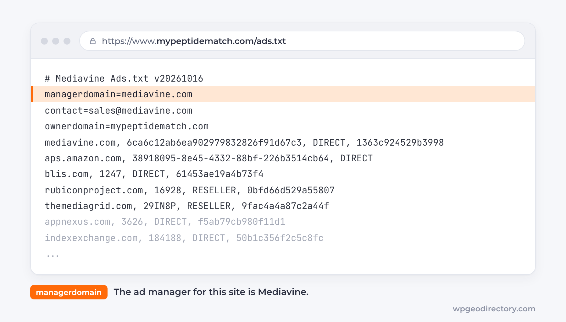 MyPeptideMatch ads.txt file showing Mediavine as the ad manager
