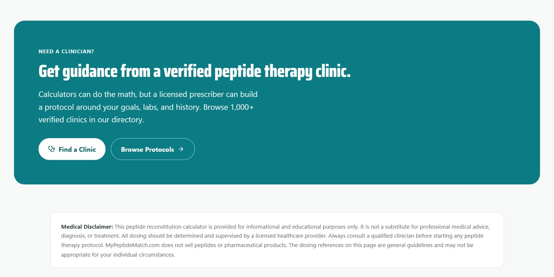 Find a Clinic call to action at the bottom of the MyPeptideMatch peptide calculator