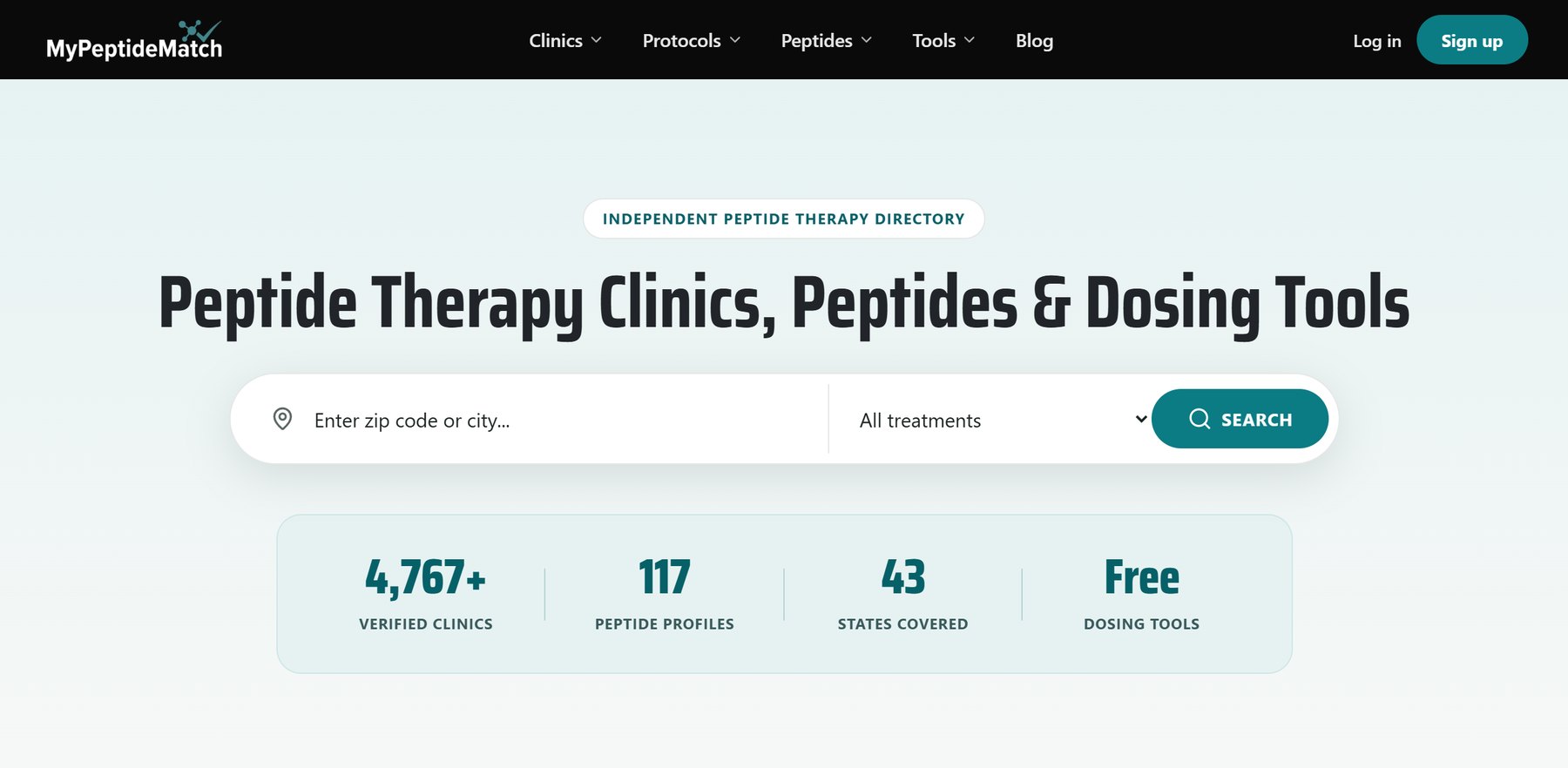 MyPeptideMatch.com homepage with a zip code search bar for finding peptide therapy clinics