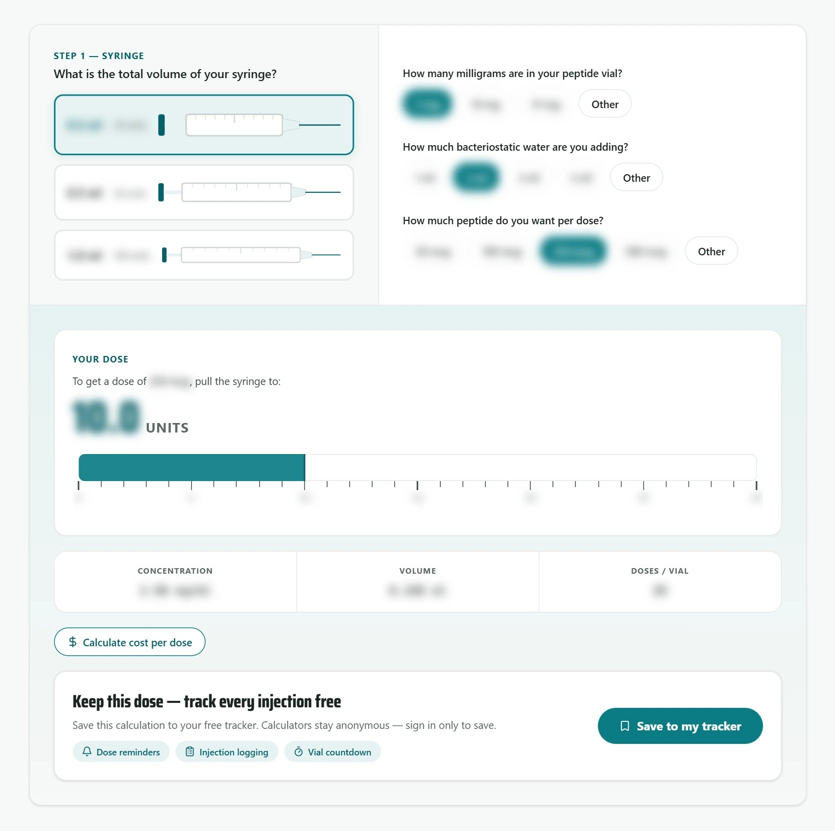 MyPeptideMatch peptide reconstitution calculator with vial size, water and dose fields