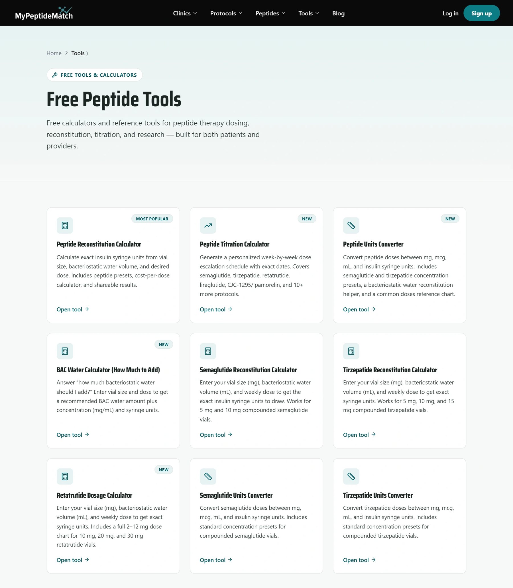 MyPeptideMatch tools page listing 9 free peptide calculators and converters