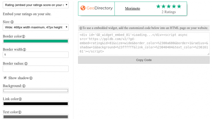 Impostazioni di Embeddable Ratings Badge